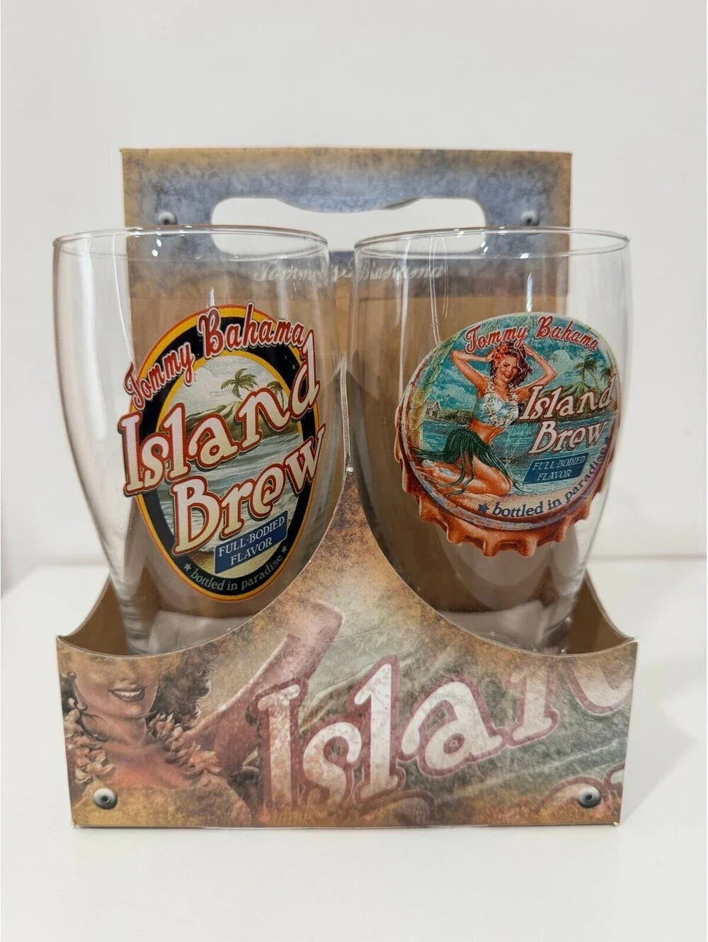 Tommy Bahama Island Brew pint glasses set of 4 with caddy